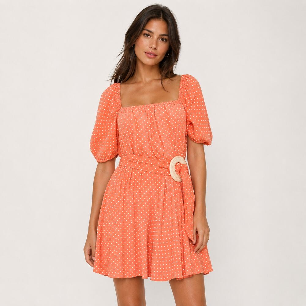 CLEOBELLA Kimberly Polka Dot Dress PeachCircle Belt Women's Small